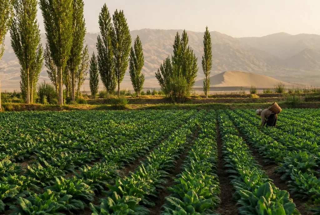 Champs d'Usma dans une oasis du Xinjiang, peupliers et dunes en arrière-plan